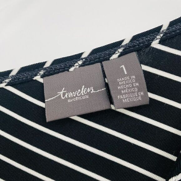 Chico's Travelers Size Medium Black & White Asymmetric Hem Tunic Top Long Sleeve - Picture 6 of 9